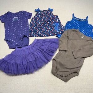 Baby Girl Clothing Bundle Set in Purple, Blue, and Brown - 5 pieces - 6 to 9 mos